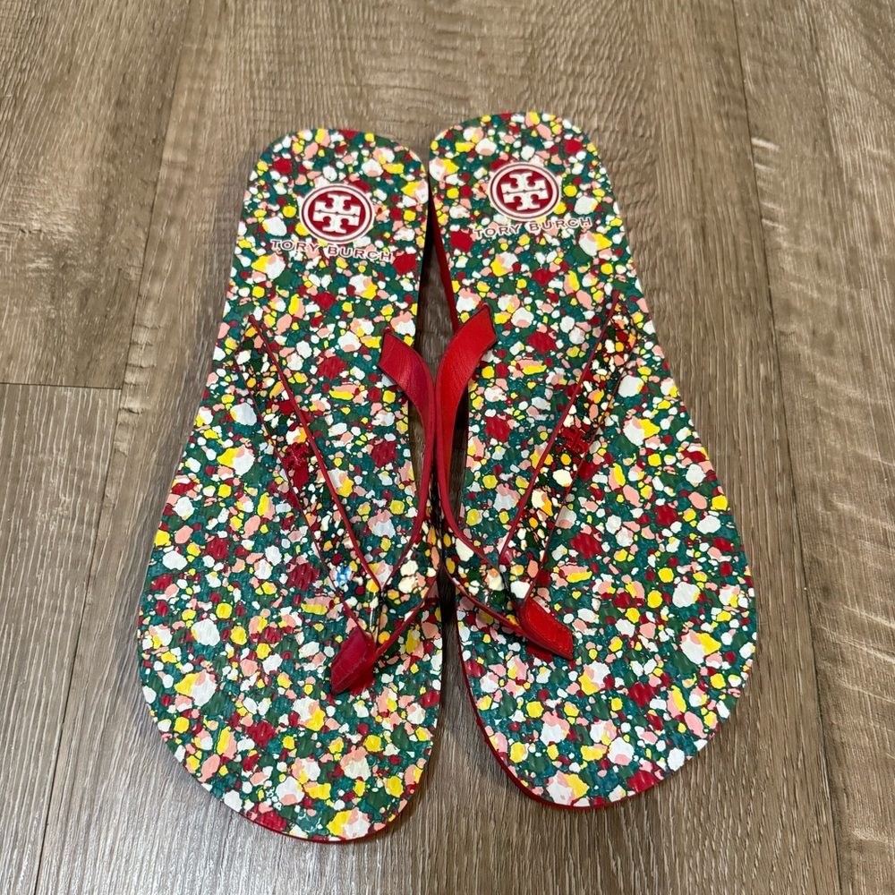 Tory Burch Multicolor Speckled Flip Flops with Red Thong Straps